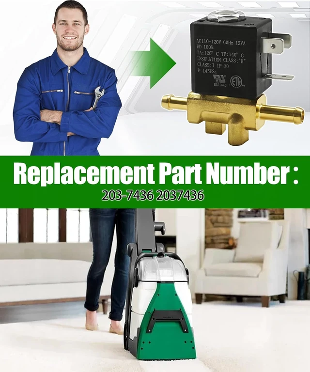 Alt view image 4 of 6 - 203-7436 2037436 Válvula solenoide para limpiador de alfombras Bissell Big Green - Compatible con BG10, BG10N2,86T3,40M1,3288, Pure Copper Link Comp