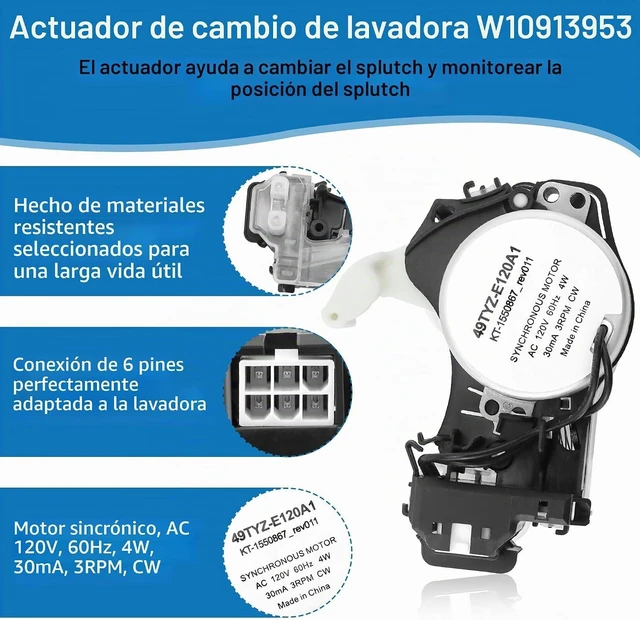 Alt view image 5 of 6 - Actuador de cambio de arandela W10913953 49tyz-e120a1 y W10721967 W10006384 Kit de embrague de polea de lavadora y correa de transmisión compatible con lavadoras Whirl-Pool Ken-More May-tag de Fetechm