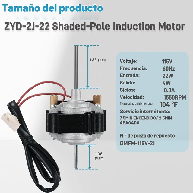 Alt view image 7 of 7 - Motor de ventilador de refrigeración serie ZYD-2J-22, motor de inducción de poste sombreado para refrigerador Reemplazar GMFM-115V-2J, entrada de 115 V 60 Hz, salida de 22 W, 4 W, 1550 rpm, entrada 0.