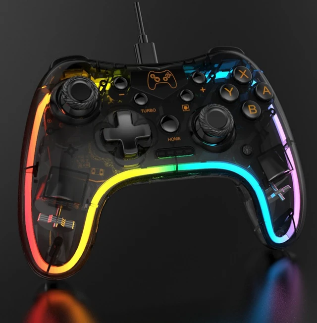 Alt view image 2 of 4 - Switch game controller with neon RGB multi-color glowing effect. Switch wired game controller. Pitch black
