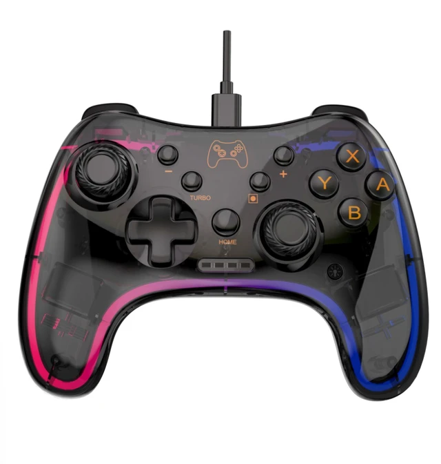 Main image of Switch game controller with neon RGB multi-color glowing effect. Switch wired game controller. Pitch black