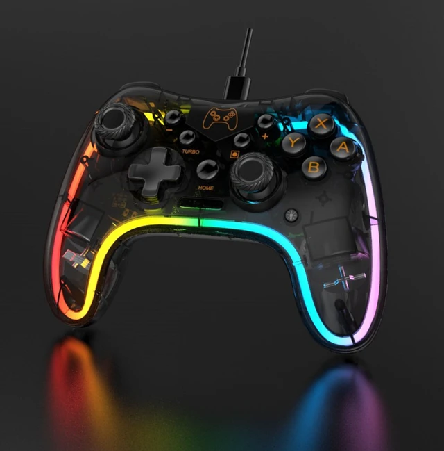 Alt view image 4 of 4 - Switch game controller with neon RGB multi-color glowing effect. Switch wired game controller. Pitch black