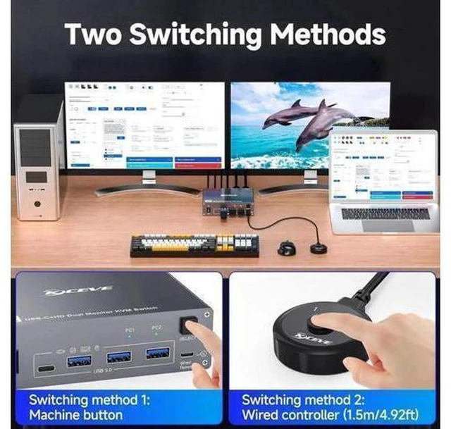 Alt view image 4 of 7 - Vszerda USB C KVM Switch 4K@60Hz, USB C HDMI Dual Monitor KVM Switch for 1 PC and 1 Laptop Sharing 2 Monitor and 4 USB3.0 Devices, 100W PD for Laptop with Wired Remote Control and USB Cables Included