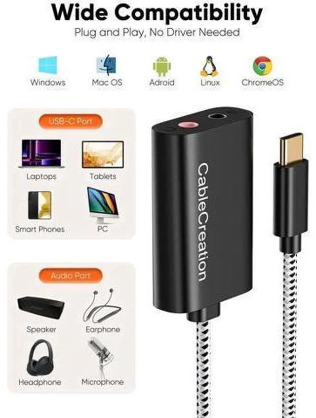 Alt view image 4 of 7 - USB Type-C External Sound Card with 3.5mm Audio Jack, USB-C to Headset Microphone Adapter Compatible with MacBook Pro, iMac, iPad Pro 2020, iPhone 15/16, Galaxy S24 S23 S22 S21+