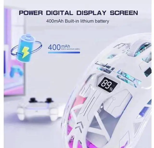 Alt view image 2 of 7 - White Transparent Dual Mode Wireless Gaming Mouse BT5.0 & 2.4G, PixArt 3212 Sensor 5 DPI Adjustable Rechargeable Silent Mouse with Digital Display RGB Backlight for Windows Mac