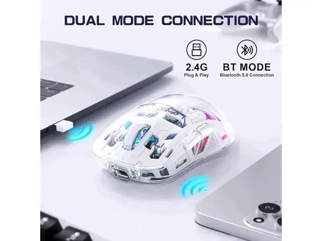 Alt view image 4 of 7 - White Transparent Dual Mode Wireless Gaming Mouse BT5.0 & 2.4G, PixArt 3212 Sensor 5 DPI Adjustable Rechargeable Silent Mouse with Digital Display RGB Backlight for Windows Mac