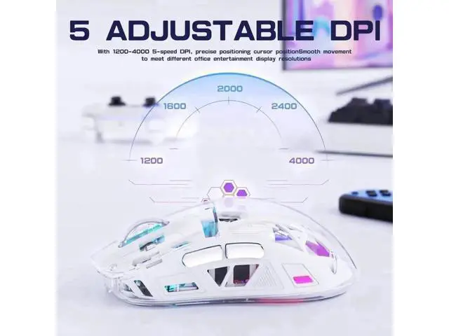Alt view image 7 of 7 - White Transparent Dual Mode Wireless Gaming Mouse BT5.0 & 2.4G, PixArt 3212 Sensor 5 DPI Adjustable Rechargeable Silent Mouse with Digital Display RGB Backlight for Windows Mac