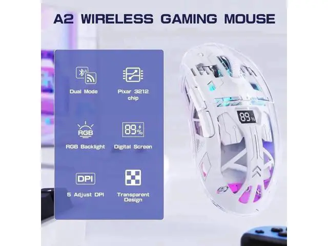 Alt view image 5 of 7 - White Transparent Dual Mode Wireless Gaming Mouse BT5.0 & 2.4G, PixArt 3212 Sensor 5 DPI Adjustable Rechargeable Silent Mouse with Digital Display RGB Backlight for Windows Mac