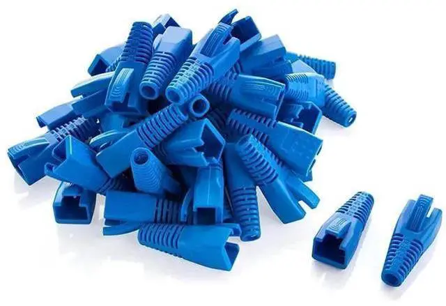 Main image of 100 Pack Blue RJ45 Strain Relief Boots, LAN Cable Plug Protective Sleeves Fit CAT5/CAT5E/CAT6/CAT6A, Flexible Cable Covers for Multiple Wire Diameters