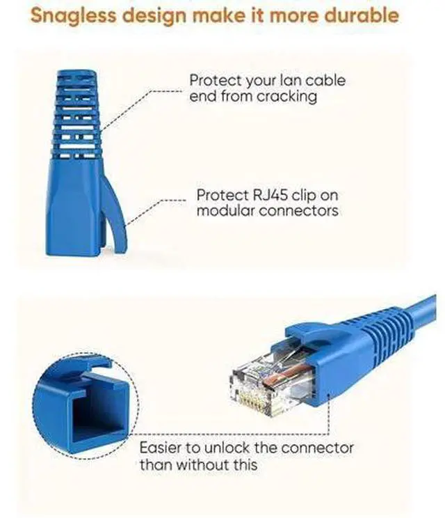 Alt view image 3 of 6 - 100 Pack Blue RJ45 Strain Relief Boots, LAN Cable Plug Protective Sleeves Fit CAT5/CAT5E/CAT6/CAT6A, Flexible Cable Covers for Multiple Wire Diameters