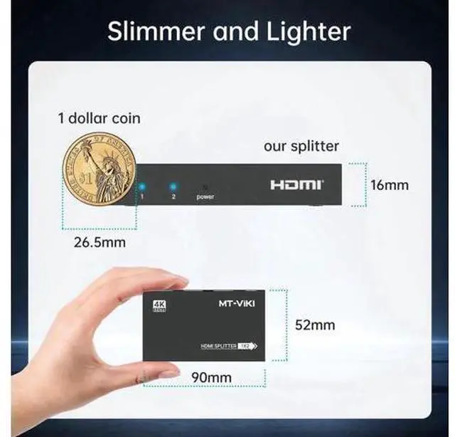 Alt view image 7 of 7 - MT-VIKI Upgraded Slim Powered 1 in 2 Out HDMI Splitter, 4K@30Hz 1x2 Mirror Duplicator for Dual Monitors, Compatible with PS4 Fire Stick HDTV Monitor Projector