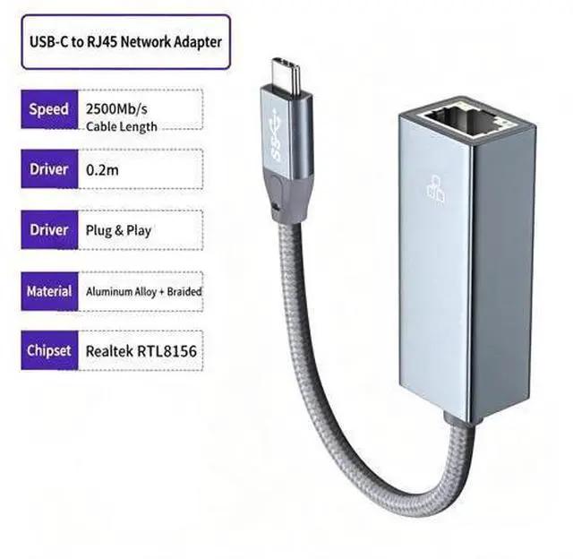 Main image of USB-C to 2.5G Ethernet Adapter RTL8156 Chipset, 2500Mbps RJ45 Wired LAN Network Converter, Plug & Play Type-C Gigabit Ethernet Dongle Compatible with Windows 7/8/10/11, MacBook, Laptops & Desktops