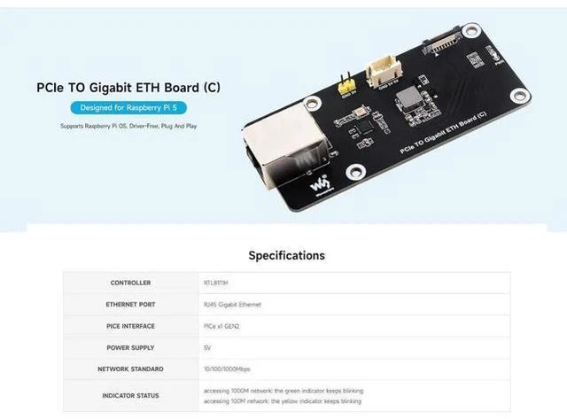 Alt view image 2 of 7 - AJMRTC PCIe to Gigabit Ethernet Adapter for Raspberry Pi 5, PCIe RJ45 Network Expansion Board, Driver-Free Plug & Play, Supports Raspberry Pi OS, Powered via PCIe Cable