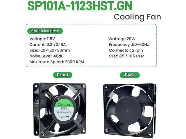 Alt view image 2 of 6 - SP101A-1123HST.GN 12038 AC115V Dual Ball Bearing Cooling Fan, 120×120×38mm 2900RPM 2-Pin Industrial Cabinet Fan