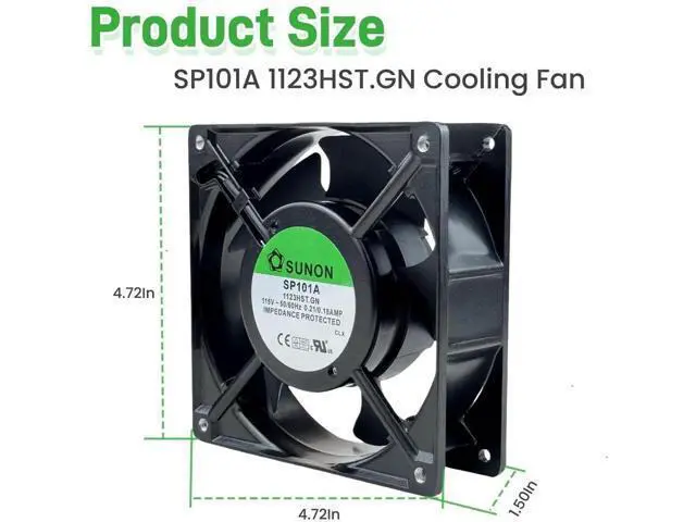Alt view image 5 of 6 - SP101A-1123HST.GN 12038 AC115V Dual Ball Bearing Cooling Fan, 120×120×38mm 2900RPM 2-Pin Industrial Cabinet Fan