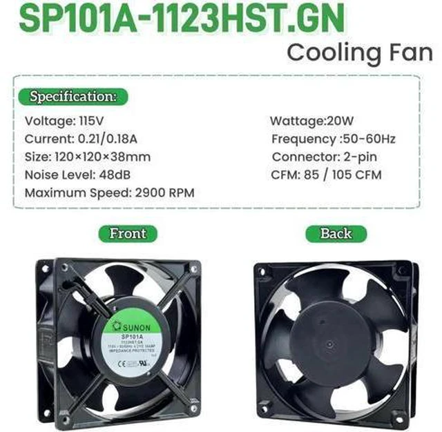 Alt view image 4 of 7 - SP101A-1123HST.GN AC Cooling Fan 12038 120×120×38mm 115V Dual Ball Bearing Industrial Cabinet Fan