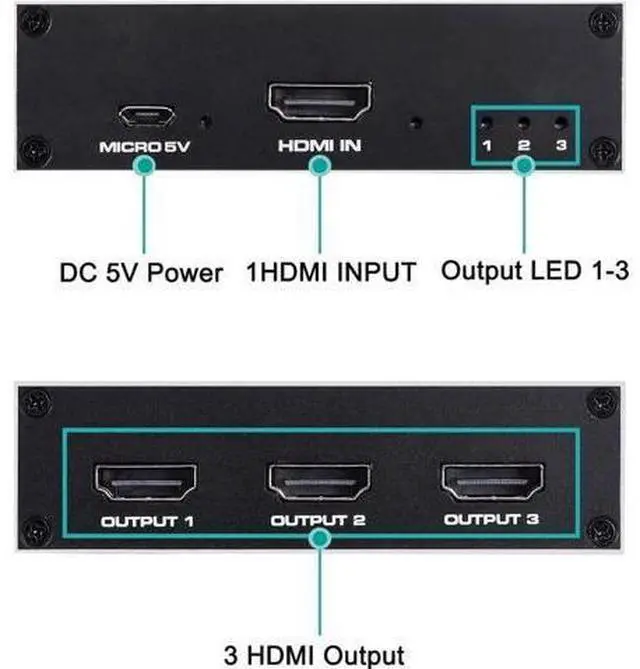 Alt view image 4 of 7 - 1 in 3 Out 4K HDMI Splitter 1x3 Version 1.4 HDCP Powered Splitter, Supports 4K@30Hz, 3D & 1080P, Duplicate Single Source to 3 HD Displays, Power Adapter Included