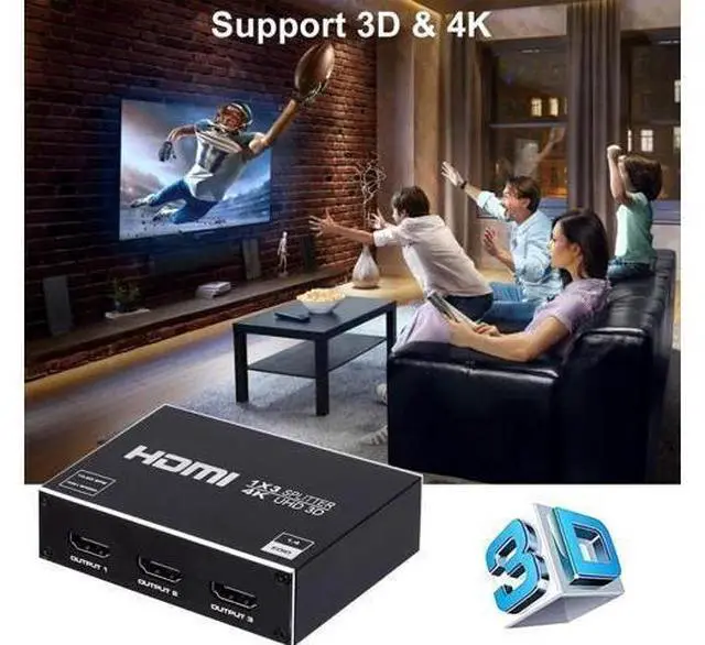 Alt view image 7 of 7 - 1 in 3 Out 4K HDMI Splitter 1x3 Version 1.4 HDCP Powered Splitter, Supports 4K@30Hz, 3D & 1080P, Duplicate Single Source to 3 HD Displays, Power Adapter Included