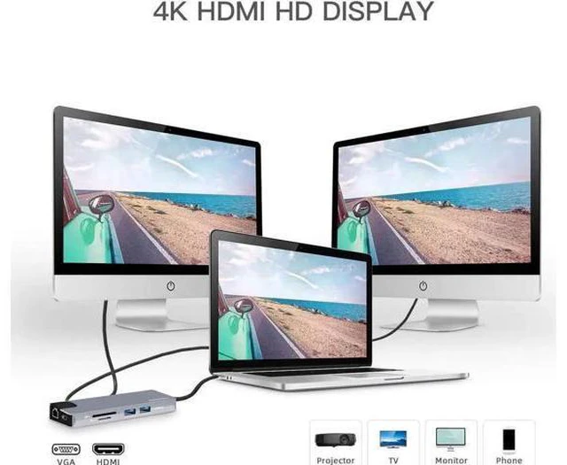 Alt view image 6 of 7 - 9-in-1 USB-C Multiport Docking Station, 4K HDMI, 1080P VGA, 60W PD Charging, 2×USB3.0, Gigabit Ethernet, SD/TF Card Reader, 3.5mm Audio Jack, Compatible with MacBook Pro/Air, USB-C Laptops & iPad