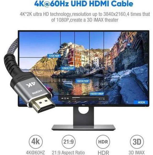 Alt view image 4 of 7 - 15FT Grey Nylon Braided Highwings HDMI 2.0 Cable, 18Gbps High Speed Cord Supports 4K@60Hz HDR 2160P 1080P 3D HDCP 2.2 ARC Ethernet for PS3 PS4 4K Projector Game Monitor