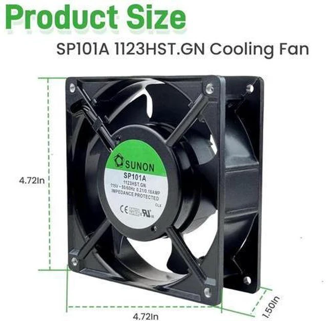 Alt view image 3 of 6 - SP101A-1123HST.GN 12038 AC115V 0.21/0.18A 2-Pin Cooling Fan, 120×120×38mm 2900RPM High Airflow Aluminum Frame Cabinet Fan