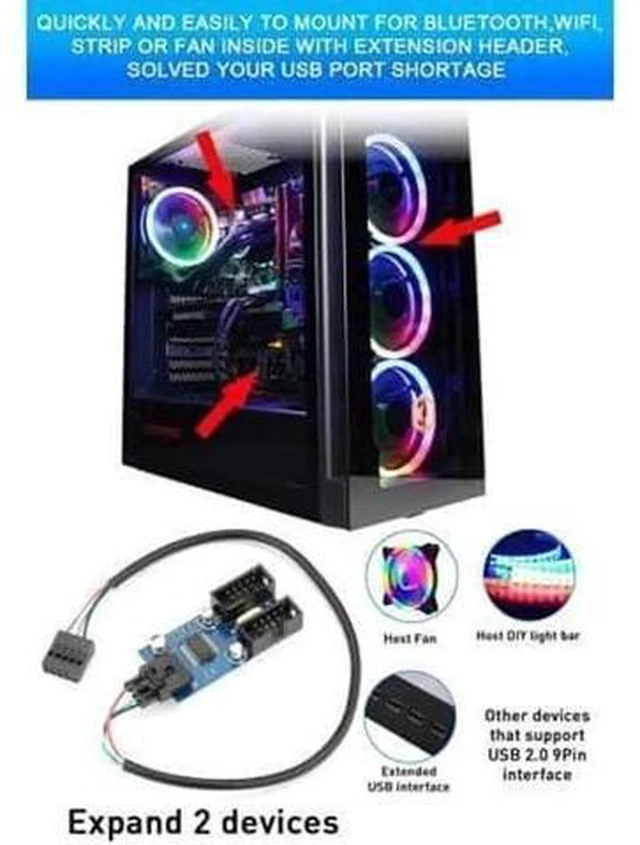 Alt view image 3 of 4 - Motherboard USB 2.0 9Pin Header 1 to 4 Splitter Extension Cable, Internal 9-Pin Female to 4 Female Hub Adapter Port Multiplier, 30CM Length for PC Front Panel Expansion