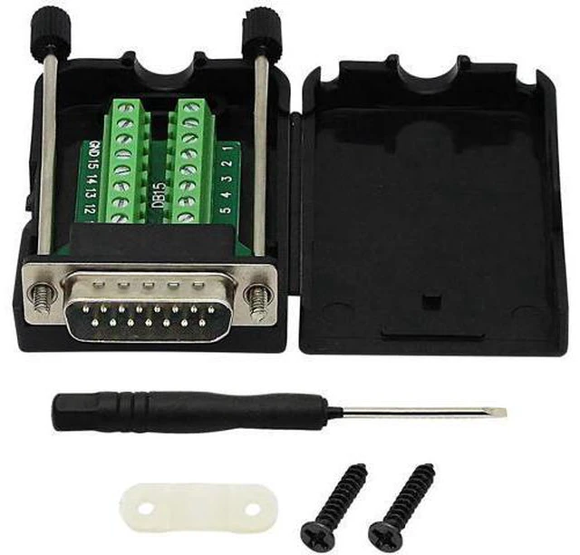 Main image of Black DB15 Male Solderless Breakout Terminal Board with Plastic Shell & Long Mounting Screws, 15Pin D-SUB Serial Signal Screw Terminal Adapter PCB Module (MB Male Version)