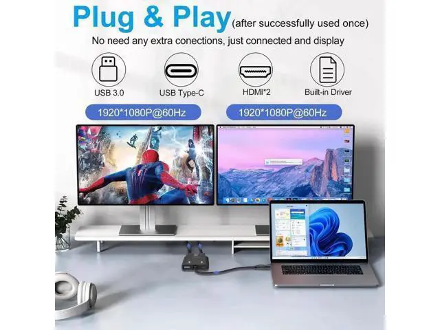 Alt view image 5 of 7 - USB 3.0 to Dual HDMI Adapter, 1080P Full HD 1-in-2 Multi-Screen Extender, Dual Monitor Extended Display Converter Compatible with MacOS, Windows 7/8/10/11 Laptops