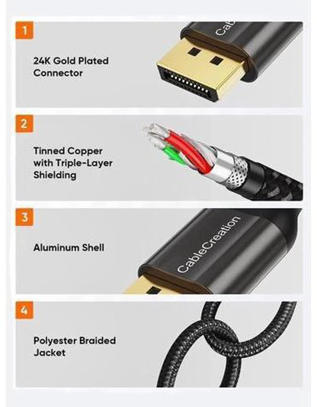 Alt view image 5 of 7 - 10FT DisplayPort 1.4 Cable, HBR3 32.4Gbps Bandwidth Supports 8K@60Hz, 4K@144Hz, 1080P@240Hz HDR10 FreeSync G-Sync HDCP 2.2 for PC Laptop Gaming Monitor Graphics Card