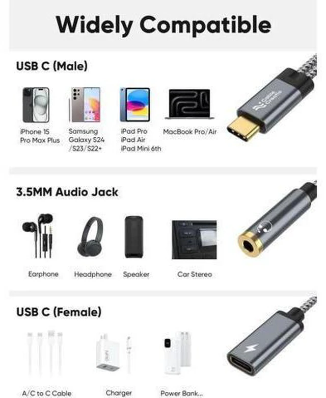 Alt view image 3 of 7 - USB C to 3.5mm Audio & Charging Adapter, PD 100W Fast Charging Type C Aux Headphone Splitter for iPhone 15/16, Galaxy S24 S23 S22 Ultra, iPad Pro Air, Pixel 9 8