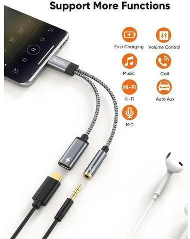 Alt view image 2 of 7 - USB C to 3.5mm Audio & Charging Adapter, PD 100W Fast Charging Type C Aux Headphone Splitter for iPhone 15/16, Galaxy S24 S23 S22 Ultra, iPad Pro Air, Pixel 9 8
