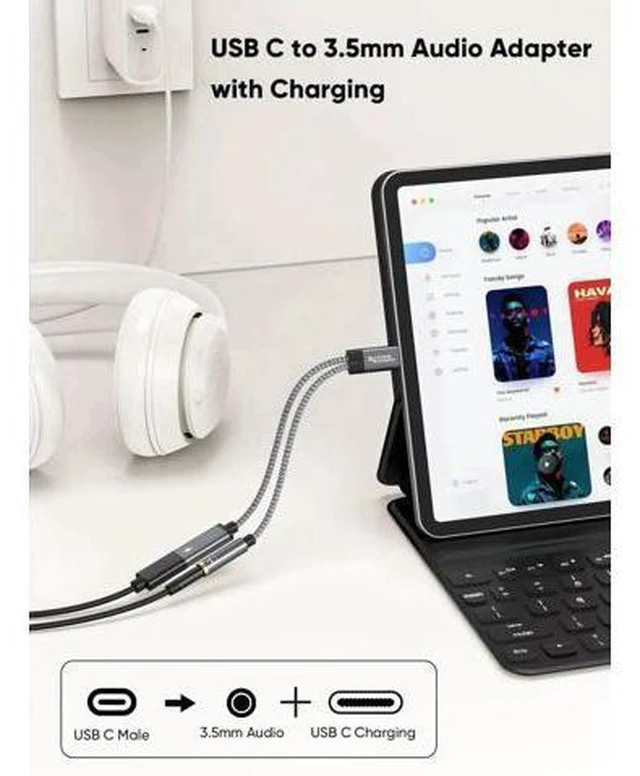 Alt view image 6 of 7 - USB C to 3.5mm Audio & Charging Adapter, PD 100W Fast Charging Type C Aux Headphone Splitter for iPhone 15/16, Galaxy S24 S23 S22 Ultra, iPad Pro Air, Pixel 9 8