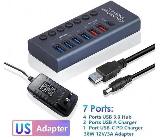 Main image of Powered USB Hub 3.0, 7-Port USB 3.0 Hub, 4 USB 3.0 Data Transmission Ports + 2 Smart Charging Ports + 1 PD Charging Port with Individual On/Off Switches with Power Adapter for Laptop PC
