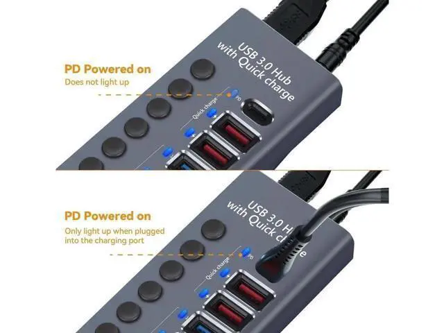 Alt view image 4 of 7 - Powered USB Hub 3.0, 7-Port USB 3.0 Hub, 4 USB 3.0 Data Transmission Ports + 2 Smart Charging Ports + 1 PD Charging Port with Individual On/Off Switches with Power Adapter for Laptop PC