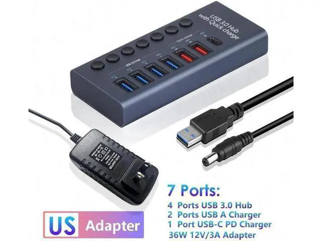 Alt view image 6 of 7 - Powered USB Hub 3.0, 7-Port USB 3.0 Hub, 4 USB 3.0 Data Transmission Ports + 2 Smart Charging Ports + 1 PD Charging Port with Individual On/Off Switches with Power Adapter for Laptop PC
