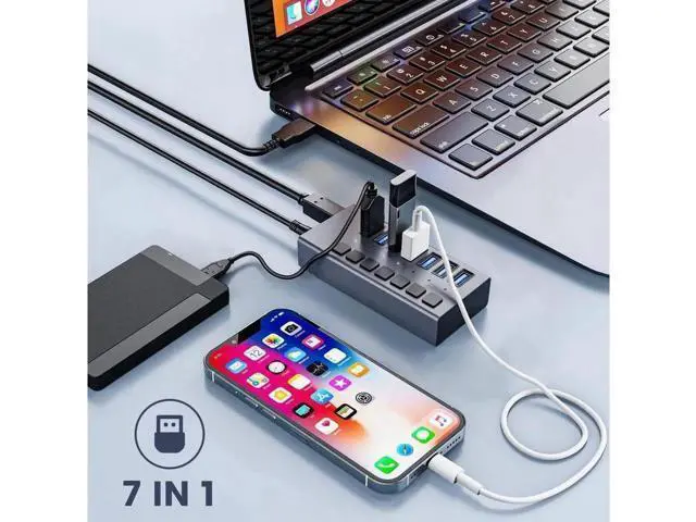 Alt view image 2 of 7 - Powered USB Hub - 7 Ports 36W USB 3.0 Data Port Aluminum Housing Individual On/Off Switches 12V/3A Power Adapter, 5Gbps High Speed USB 3.0 Hub for Laptop, PC, Computer, Mobile HDD