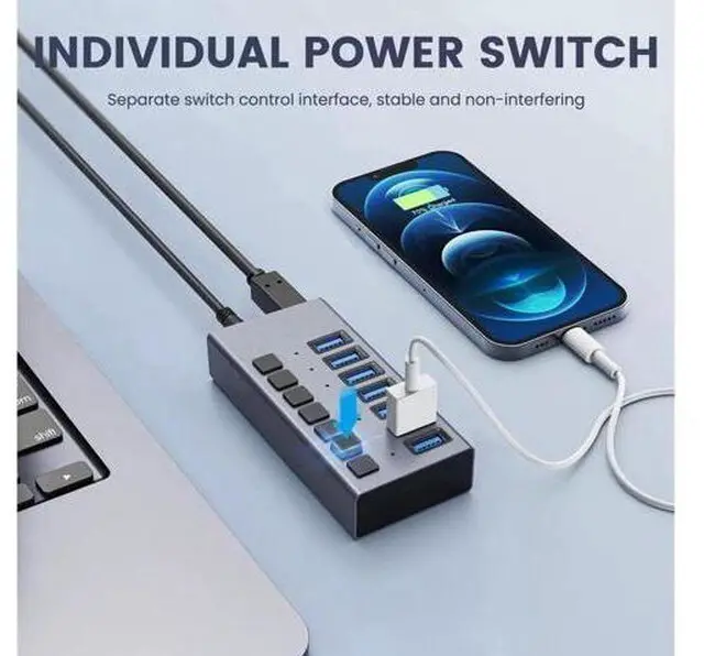 Alt view image 3 of 7 - Powered USB Hub - 7 Ports 36W USB 3.0 Data Port Aluminum Housing Individual On/Off Switches 12V/3A Power Adapter, 5Gbps High Speed USB 3.0 Hub for Laptop, PC, Computer, Mobile HDD