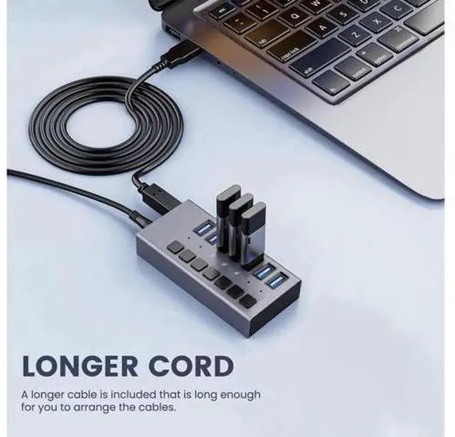 Alt view image 7 of 7 - Powered USB Hub - 7 Ports 36W USB 3.0 Data Port Aluminum Housing Individual On/Off Switches 12V/3A Power Adapter, 5Gbps High Speed USB 3.0 Hub for Laptop, PC, Computer, Mobile HDD