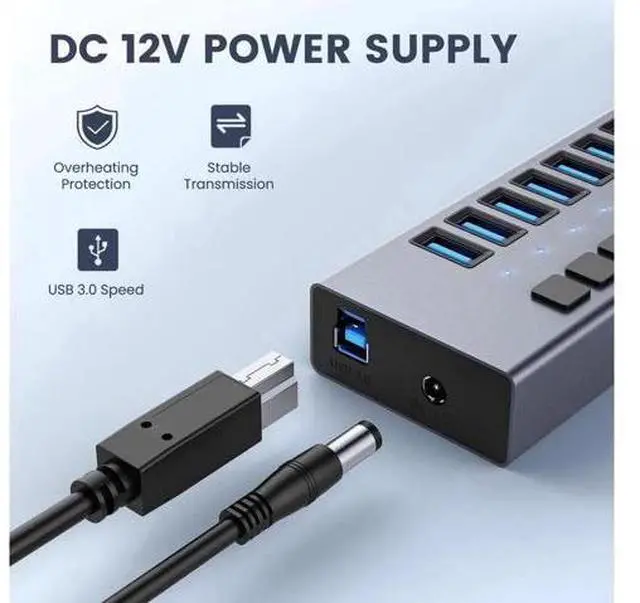 Alt view image 4 of 7 - Powered USB Hub - 7 Ports 36W USB 3.0 Data Port Aluminum Housing Individual On/Off Switches 12V/3A Power Adapter, 5Gbps High Speed USB 3.0 Hub for Laptop, PC, Computer, Mobile HDD