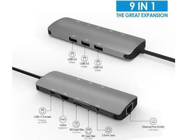 Alt view image 2 of 7 - USB C Hub 9 in 1 Multi-Port USB C Docking Station Laptop Adapter with Charging Power, Audio, 4K HDMI, VGA,Gigabit Ethernet,Micro/SD Card Reader for Chromebook, MacBook Pro 2019, 2018