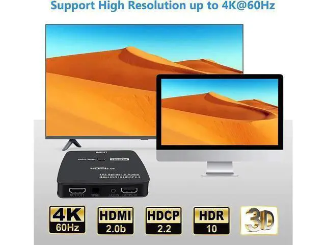 Alt view image 2 of 7 - HDMI Splitter 1 in 2 Out, HDMI Splitter 1x2 Power 4K HDMI Splitter with 3.5mm & SPDIF audio out, 4K@60Hz Dual Monitors Duplicate/Mirror for PS4 Fire Stick HDTV