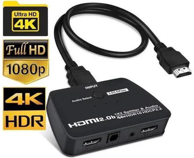 Main image of HDMI Splitter 1 in 2 Out, HDMI Splitter 1x2 Power 4K HDMI Splitter with 3.5mm & SPDIF audio out, 4K@60Hz Dual Monitors Duplicate/Mirror for PS4 Fire Stick HDTV