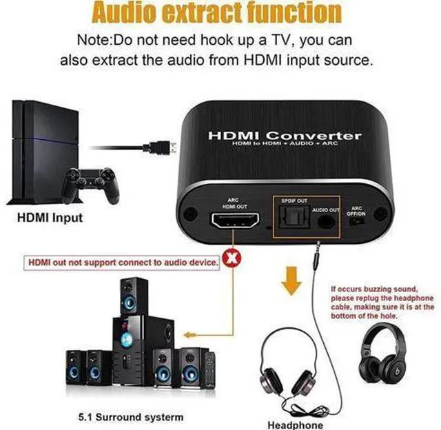 Alt view image 3 of 7 - HDMI Audio Extractor Splitter 4K@60Hz hdmi to hdmi SPDIF 3.5mm Audio Adapter Converter Output Support 5.1 ARC, 18Gbps, HDCP 2.2, 1080P@120Hz, 1080P@144Hz 3D Compatable for PS4 Fire Stick