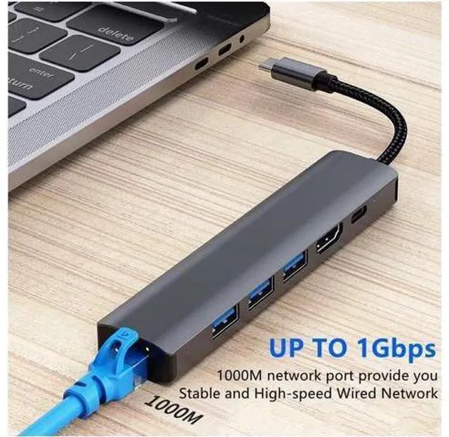 Alt view image 2 of 7 - Type C Hub Multiport Adapter 6-in-1 USB Dongle for MacBook Pro Air, Gigabit Ethernet with 4K HDMI, 3*USB3.0,, 100W PD, Gigabit Ethernet Compatible for Windows/Mac/iPad