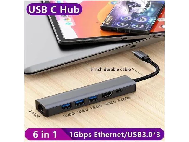 Alt view image 7 of 7 - Type C Hub Multiport Adapter 6-in-1 USB Dongle for MacBook Pro Air, Gigabit Ethernet with 4K HDMI, 3*USB3.0,, 100W PD, Gigabit Ethernet Compatible for Windows/Mac/iPad