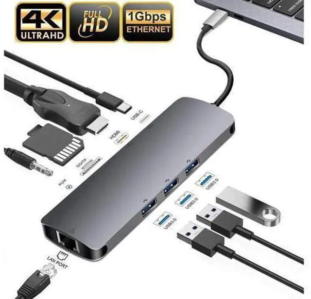 Main image of Updated USB C Hub 9 in 1 Type C Adapter Dock with Giga Ethernet, 4K USBC to HDMI, 3 USB3.0, 60W USB-C PD Port, SD TF Card Reader, Audio/Mic, for MacBook Pro and Other Type C Laptops