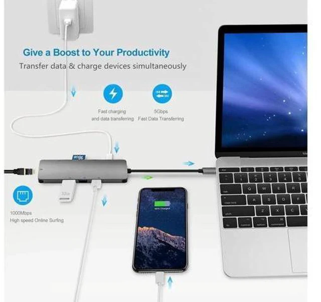 Alt view image 2 of 7 - Updated USB C Hub 9 in 1 Type C Adapter Dock with Giga Ethernet, 4K USBC to HDMI, 3 USB3.0, 60W USB-C PD Port, SD TF Card Reader, Audio/Mic, for MacBook Pro and Other Type C Laptops