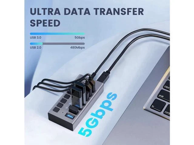 Alt view image 6 of 7 - Powered USB Hub,7 Ports USB 3.0 Data Hub, Individual On/Off Switches, 12V3A 36W Power Adapter, USB Hub 3.0 Splitter Extension for Laptop, PC, Computer, Mobile HDD (HS082-7U)