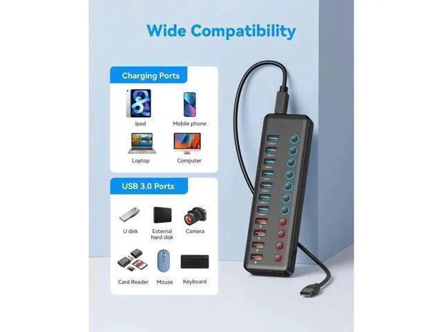 Alt view image 2 of 7 - 11Ports USB Hub 7 Ports Super High Speed Data Ports and 4 Smart Charging Ports USB 3.0 Hub Splitter Black Smart Fast Charger Powered USB Hub for Laptop, Mac PC Mobile HDD Mulitple Devices
