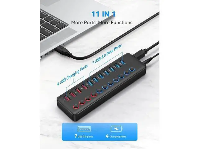 Alt view image 3 of 7 - 11Ports USB Hub 7 Ports Super High Speed Data Ports and 4 Smart Charging Ports USB 3.0 Hub Splitter Black Smart Fast Charger Powered USB Hub for Laptop, Mac PC Mobile HDD Mulitple Devices